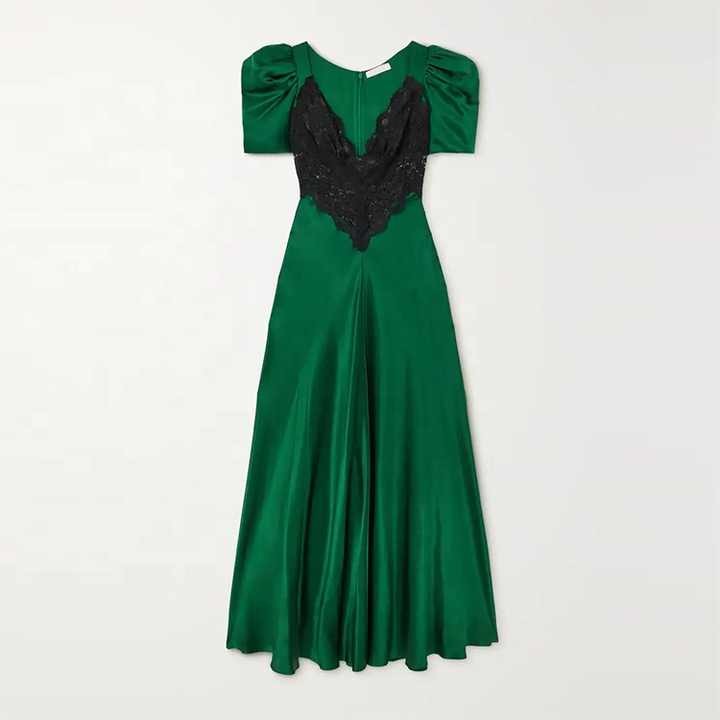 Clothing Manufacturer Custom Green v Neck Short Sleeve Lace Satin Elegant Casual Party Dresses Women